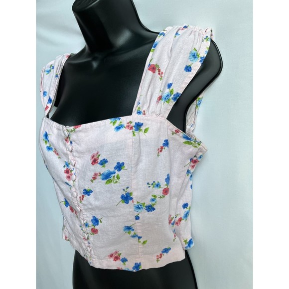 Forever 21 Barbiecore Linen Crop Top Floral Size M Ruffles Pink Button Front - Picture 4 of 10